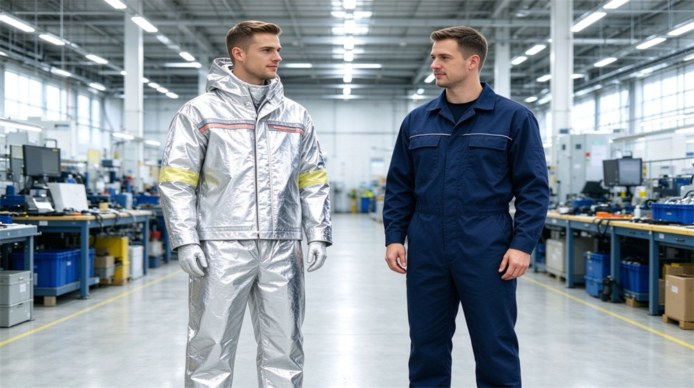 Side angle of heavy duty protective aluminized high temperature coverall, Comparison of an aluminized heat resistant coverall beside standard workwear, showing aluminum, demonstrating professional comparison use in industrial safety environment, designed for wholesale bulk supply and industrial safety procurement.