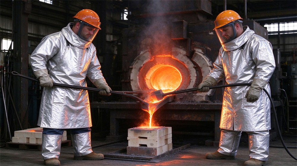 Aerial perspective of heavy duty protective aluminized high temperature coverall, Two workers in aluminized heat resistant coveralls pouring at an induction furnace,, demonstrating professional application use in industrial safety environment, designed for wholesale bulk supply and industrial safety procurement.