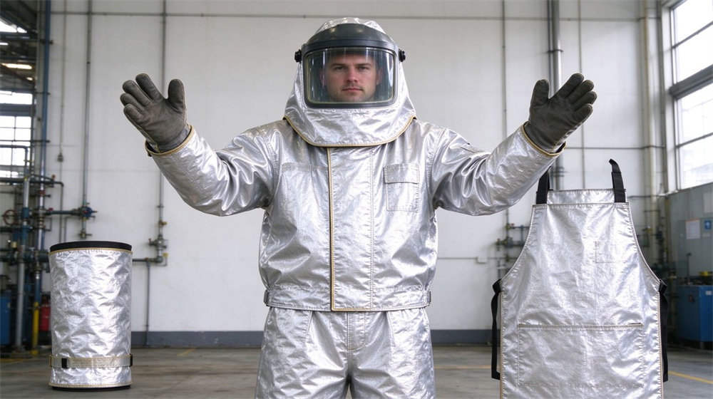 45 degree angle of heavy duty protective aluminized high temperature coverall, Silver split furnace suit with aluminum foil reflective surface shown in a, demonstrating professional product use in industrial safety environment, designed for wholesale bulk supply and industrial safety procurement.