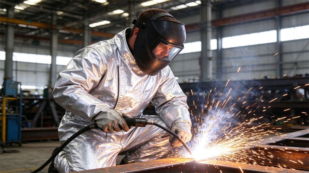 Overhead view of heavy duty protective aluminized high temperature coverall, Welder wearing an aluminized heat resistant coverall welding with sparks, high temperature, demonstrating professional application use in industrial safety environment, designed for wholesale bulk supply and industrial safety procurement.