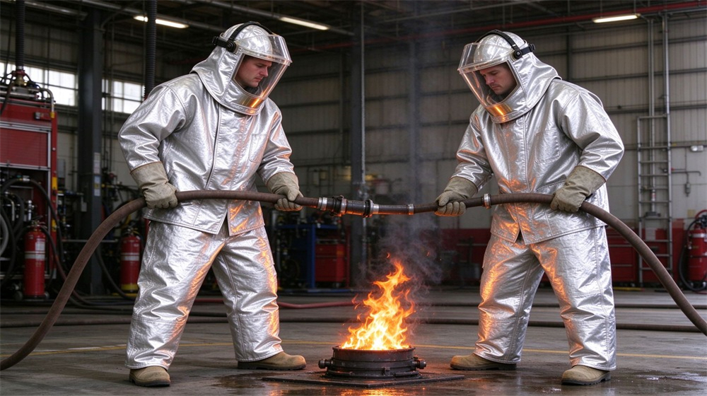 Wide shot of heavy duty protective aluminized high temperature coverall, Rescue workers in aluminized heat resistant coveralls practicing near a fire training, demonstrating professional application use in industrial safety environment, designed for wholesale bulk supply and industrial safety procurement.