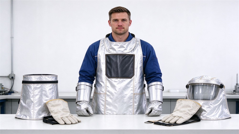 Macro detail of heavy duty protective aluminized high temperature coverall, Worker wearing aluminum foil protective apron with silver arm guards and heat, demonstrating professional product use in industrial safety environment, designed for wholesale bulk supply and industrial safety procurement.