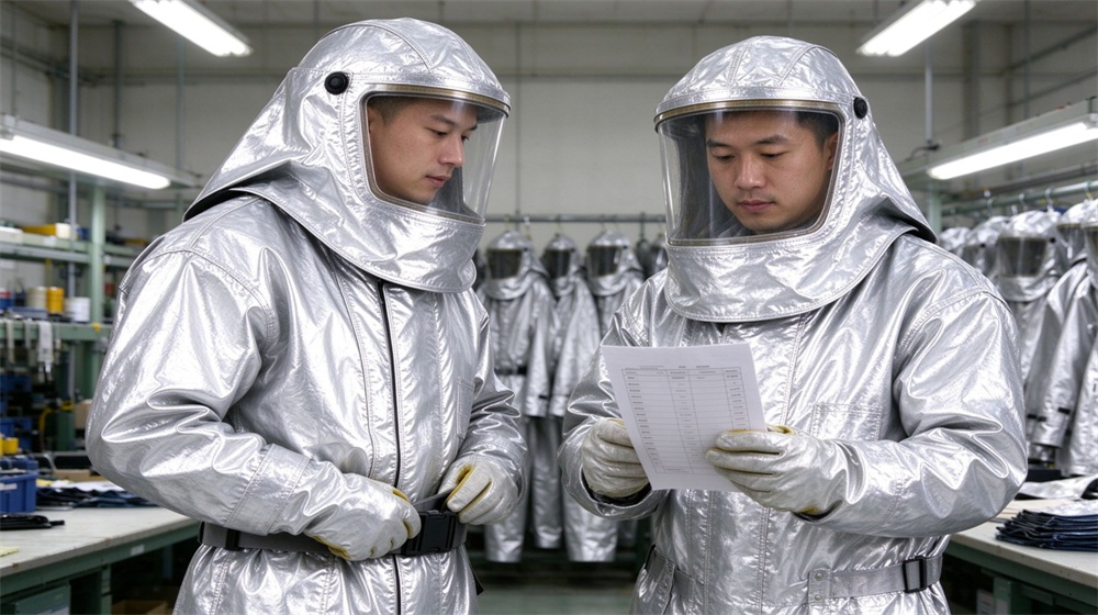Front view of heavy duty protective aluminized high temperature coverall, Two Asian workers in aluminized heat resistant coveralls checking documents together in, demonstrating professional application use in industrial safety environment, designed for wholesale bulk supply and industrial safety procurement.
