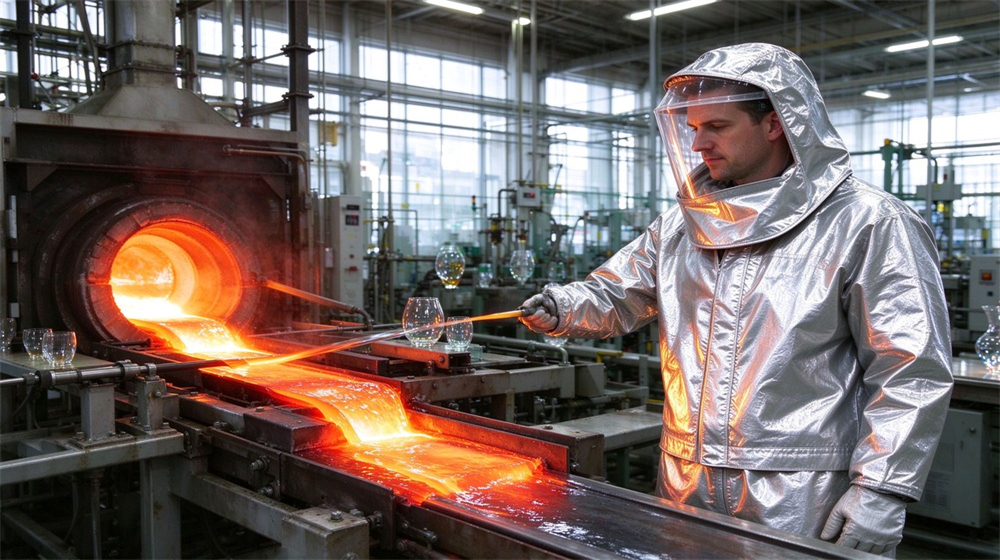 Side angle of heavy duty protective aluminized high temperature coverall, Engineer in aluminized heat resistant coverall checking molten glass forming line, glass, demonstrating professional application use in industrial safety environment, designed for wholesale bulk supply and industrial safety procurement.