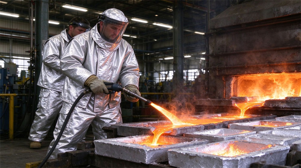 Aerial perspective of heavy duty protective aluminized high temperature coverall, Two workers in silver aluminized heat resistant coveralls casting aluminum ingots, aluminum, demonstrating professional application use in industrial safety environment, designed for wholesale bulk supply and industrial safety procurement.