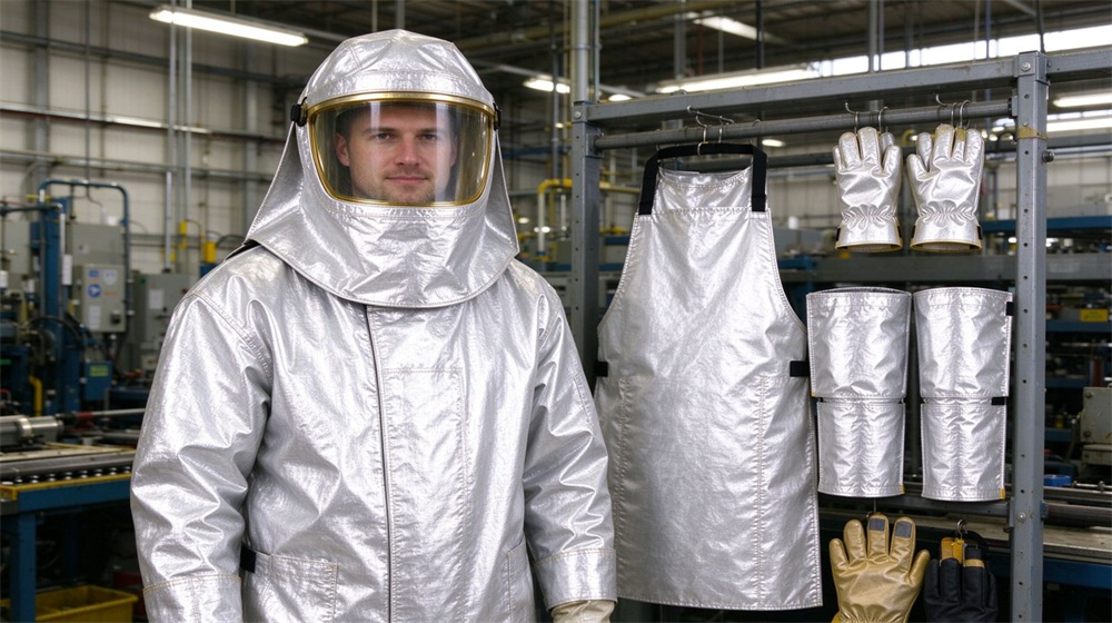 Close up detail of heavy duty protective aluminized high temperature coverall, Worker in aluminized heat resistant coverall beside hanging aluminum foil apron arm, demonstrating professional application use in industrial safety environment, designed for wholesale bulk supply and industrial safety procurement.