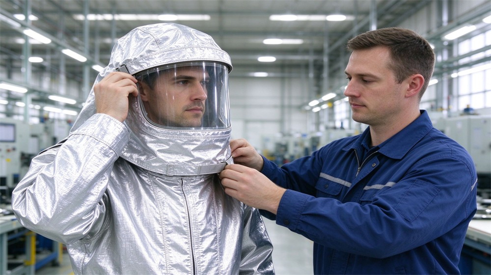 45 degree angle of heavy duty protective aluminized high temperature coverall, Workers adjusting the transparent visor seal of an aluminized heat resistant coverall, demonstrating professional application use in industrial safety environment, designed for wholesale bulk supply and industrial safety procurement.