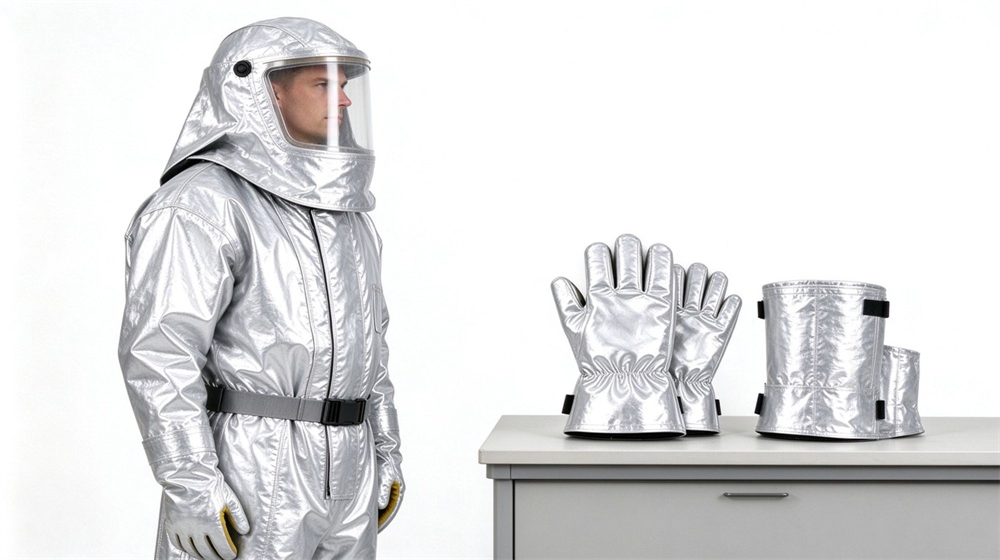 Overhead view of heavy duty protective aluminized high temperature coverall, Side view of a silver aluminized heat resistant coverall on white background, demonstrating professional product use in industrial safety environment, designed for wholesale bulk supply and industrial safety procurement.