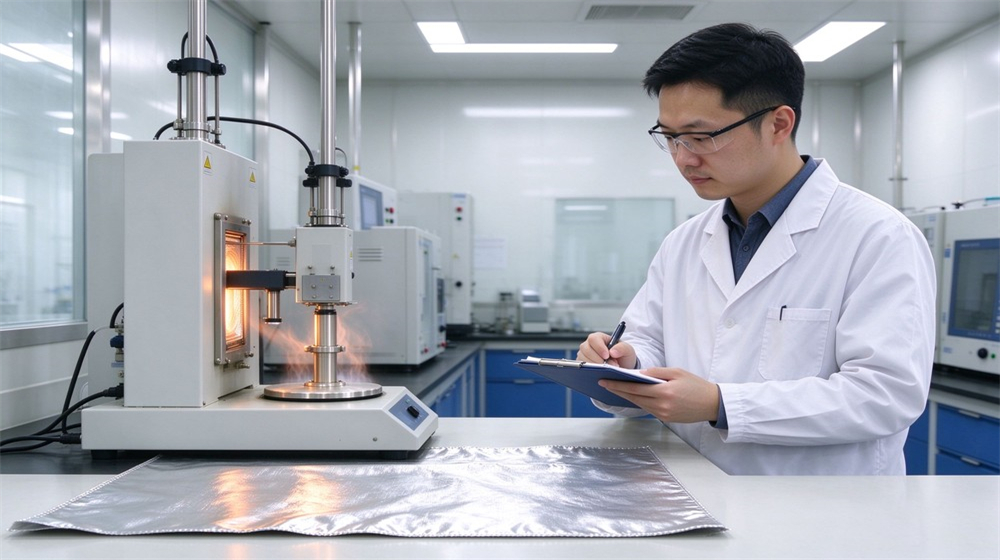 Wide shot of heavy duty protective aluminized high temperature coverall, Asian technician testing aluminum foil protective suit fabric samples in a bright, demonstrating professional info use in industrial safety environment, designed for wholesale bulk supply and industrial safety procurement.