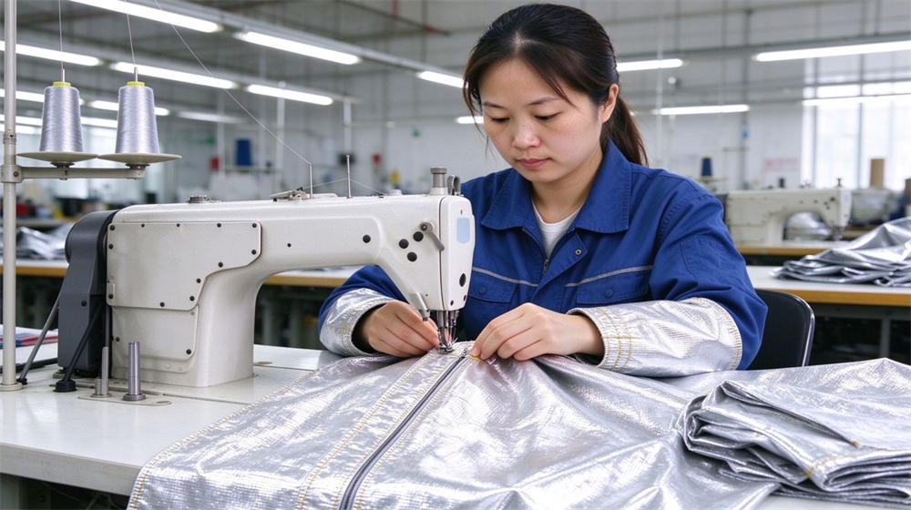 Macro detail of heavy duty protective aluminized high temperature coverall, Asian sewing worker stitching the front placket of an aluminized heat resistant, demonstrating professional application use in industrial safety environment, designed for wholesale bulk supply and industrial safety procurement.