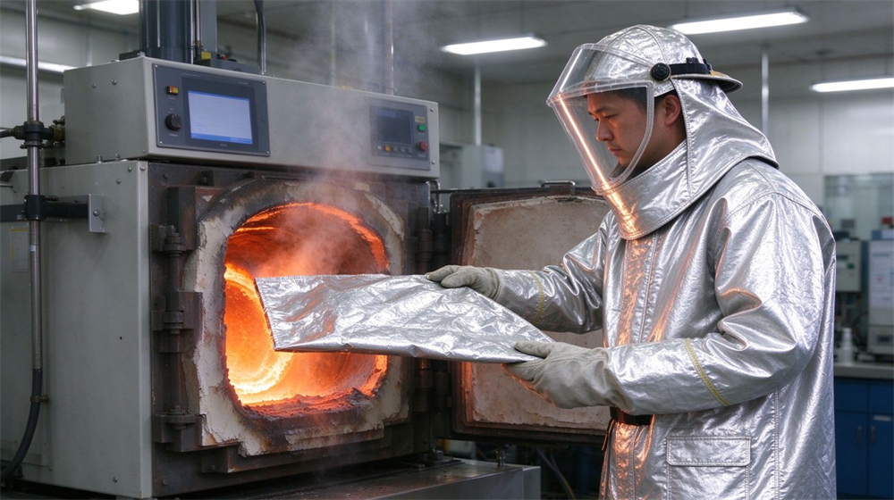 Front view of heavy duty protective aluminized high temperature coverall, Asian technician testing an aluminized heat resistant coverall sample in high temperature, demonstrating professional application use in industrial safety environment, designed for wholesale bulk supply and industrial safety procurement.