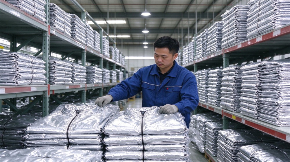 45 degree angle of heavy duty protective aluminized high temperature coverall, Asian warehouse operator counting packed aluminized heat resistant coveralls in a bright, demonstrating professional application use in industrial safety environment, designed for wholesale bulk supply and industrial safety procurement.