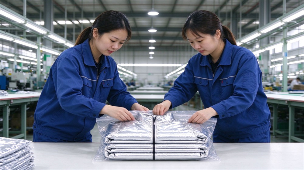 Overhead view of heavy duty protective aluminized high temperature coverall, Two Asian workers folding and packing silver aluminized heat resistant coveralls in, demonstrating professional application use in industrial safety environment, designed for wholesale bulk supply and industrial safety procurement.