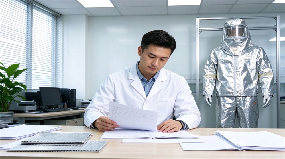 Side angle of heavy duty protective aluminized high temperature coverall, Asian quality engineer reviewing aluminized heat resistant coverall test report documents in, demonstrating professional application use in industrial safety environment, designed for wholesale bulk supply and industrial safety procurement.