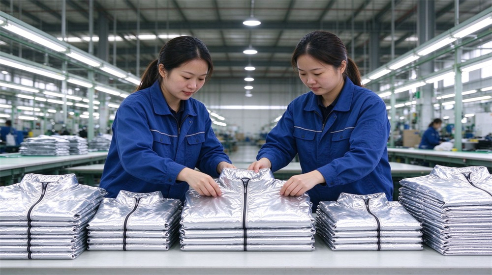 Aerial perspective of heavy duty protective aluminized high temperature coverall, Two Asian workers sorting folded aluminized heat resistant coveralls by size in, demonstrating professional application use in industrial safety environment, designed for wholesale bulk supply and industrial safety procurement.