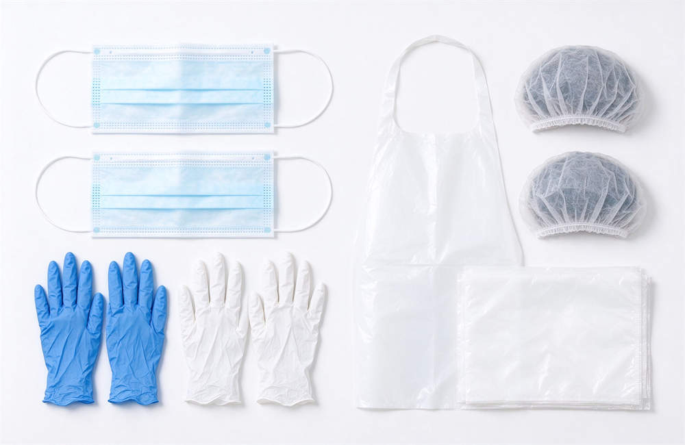 Face masks, blue nitrile gloves, hair nets, aprons food handler PPE flat lay, food safety personal protective equipment for disaster relief kitchen volunteers