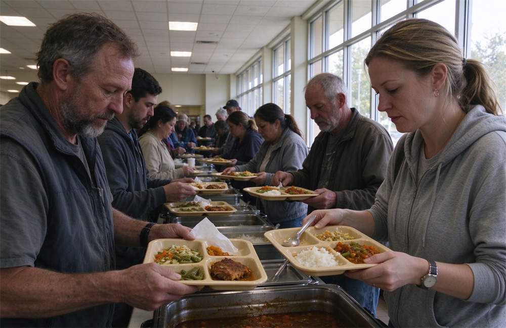 Bright cafeteria dining hall with people lining up for meals, mass feeding facility food safety and hygiene supplies for emergency shelter food service operations