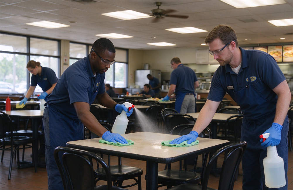 Staff member disinfecting table with spray bottle and cloth, surface sanitizing supplies for food safety and infection control in emergency shelter common areas