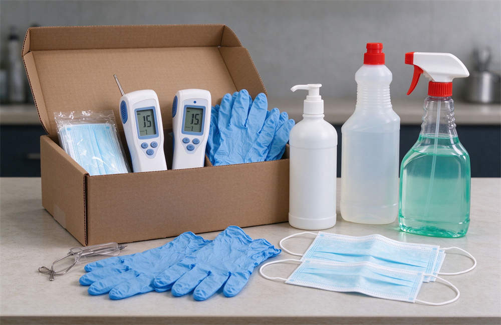 Open box of food safety emergency supplies: thermometers, gloves, masks, sanitizing wipes, bulk food safety kit for disaster relief kitchen distribution
