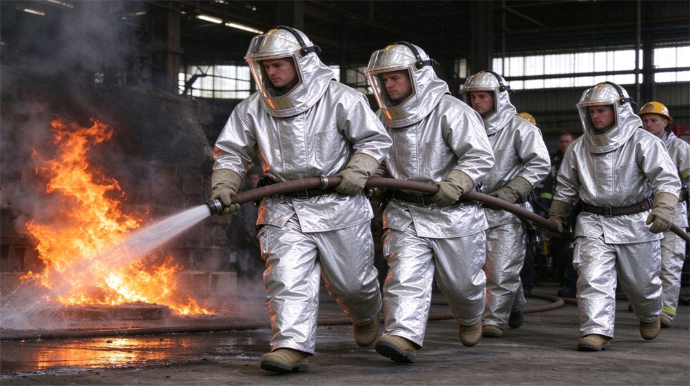 Side angle of heavy duty protective proximity fire protection coat, Firefighters in proximity fire protective coats advancing with a hose near burning, demonstrating professional application use in industrial safety environment, designed for wholesale bulk supply and industrial safety procurement.