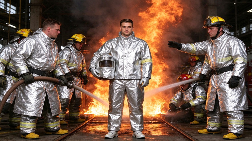 Aerial perspective of heavy duty protective proximity fire protection coat, Fire team training drill wearing aluminum foil proximity coats, mobility and quick, demonstrating professional application use in industrial safety environment, designed for wholesale bulk supply and industrial safety procurement.