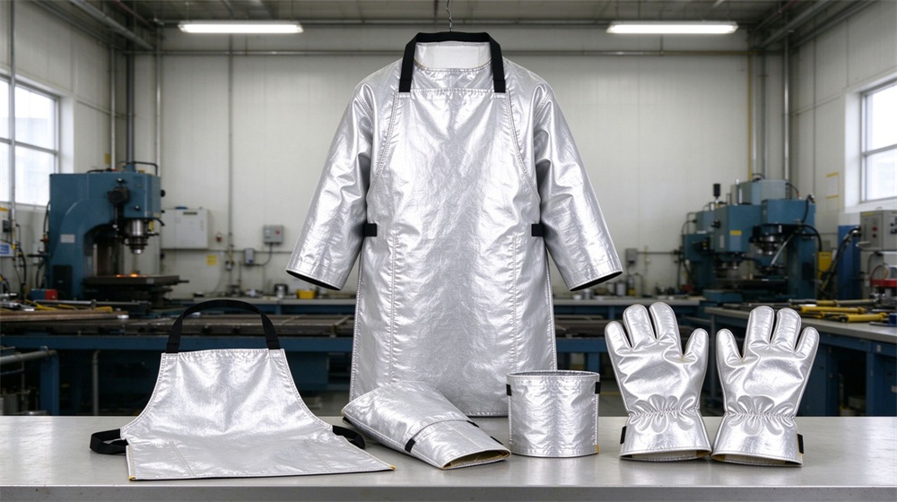 Close up detail of heavy duty protective proximity fire protection coat, Proximity fire coat displayed with aluminum foil apron, arm guards and heat, demonstrating professional application use in industrial safety environment, designed for wholesale bulk supply and industrial safety procurement.