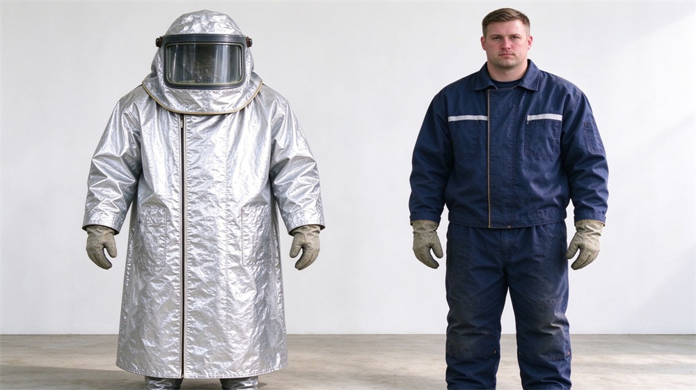 45 degree angle of heavy duty protective proximity fire protection coat, Comparison of silver proximity fire protective coat beside standard dark workwear, showing, demonstrating professional comparison use in industrial safety environment, designed for wholesale bulk supply and industrial safety procurement.
