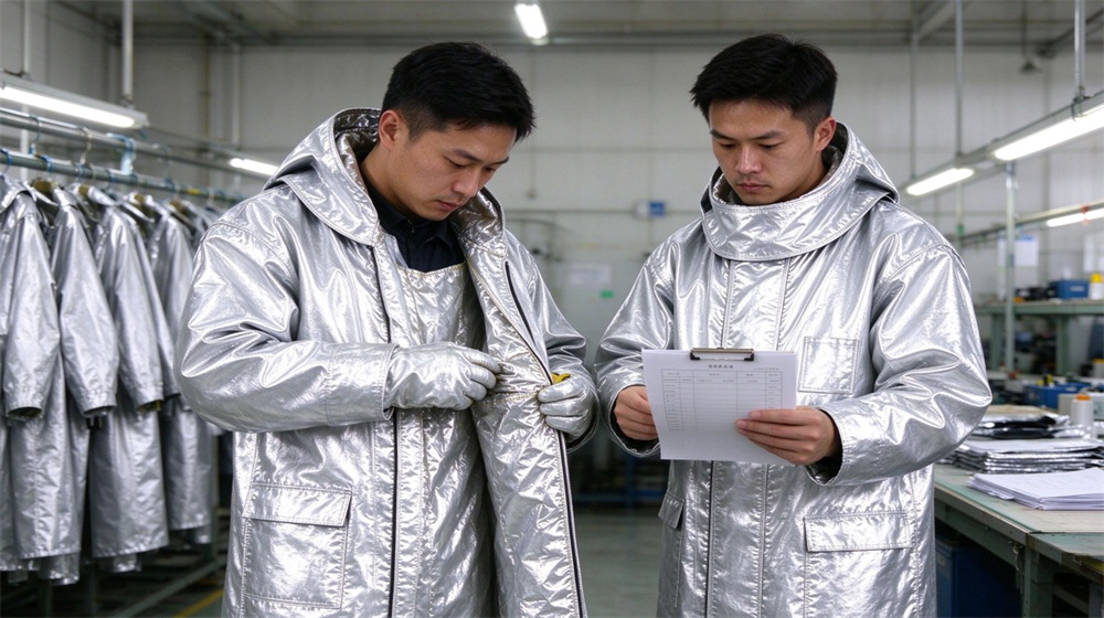 Overhead view of heavy duty protective proximity fire protection coat, Two Asian workers inspecting proximity fire protective coats at a bright factory, demonstrating professional application use in industrial safety environment, designed for wholesale bulk supply and industrial safety procurement.