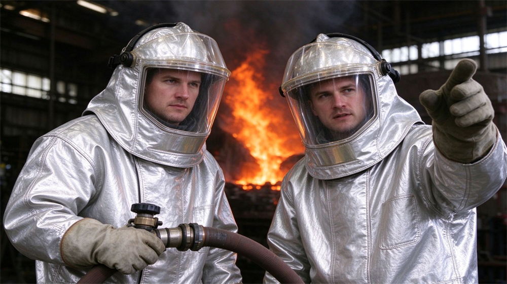 Wide shot of heavy duty protective proximity fire protection coat, Two firefighters in proximity fire coats advancing close to the flame, one, demonstrating professional application use in industrial safety environment, designed for wholesale bulk supply and industrial safety procurement.