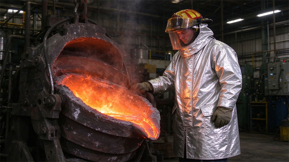Front view of heavy duty protective proximity fire protection coat, Foundry worker in proximity fire protective coat observing molten metal pouring, aluminum, demonstrating professional application use in industrial safety environment, designed for wholesale bulk supply and industrial safety procurement.