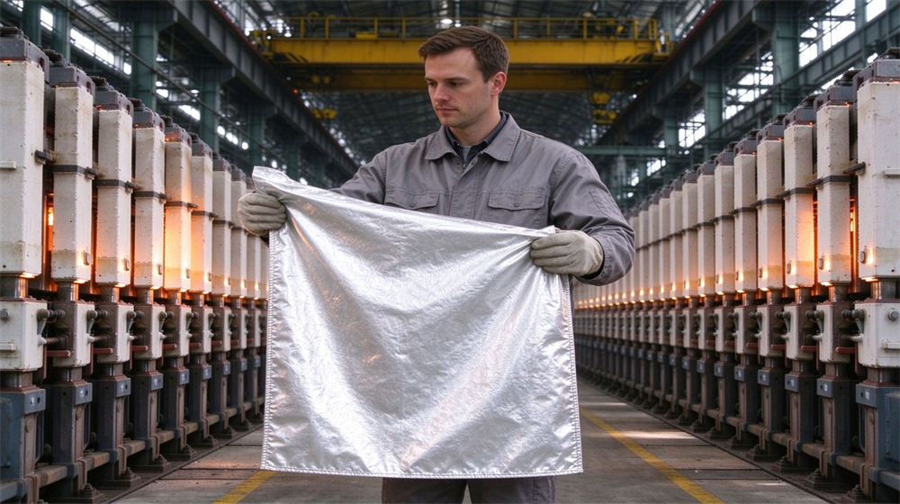Side angle of heavy duty protective proximity fire protection coat, Technician in gray workwear displaying aluminized fabric of proximity fire coat, reflective, demonstrating professional info use in industrial safety environment, designed for wholesale bulk supply and industrial safety procurement.