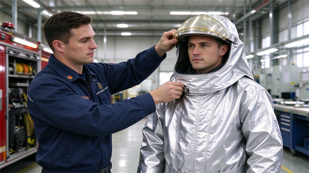 Aerial perspective of heavy duty protective proximity fire protection coat, Firefighter adjusting collar and front closure of proximity fire protective coat, long, demonstrating professional application use in industrial safety environment, designed for wholesale bulk supply and industrial safety procurement.