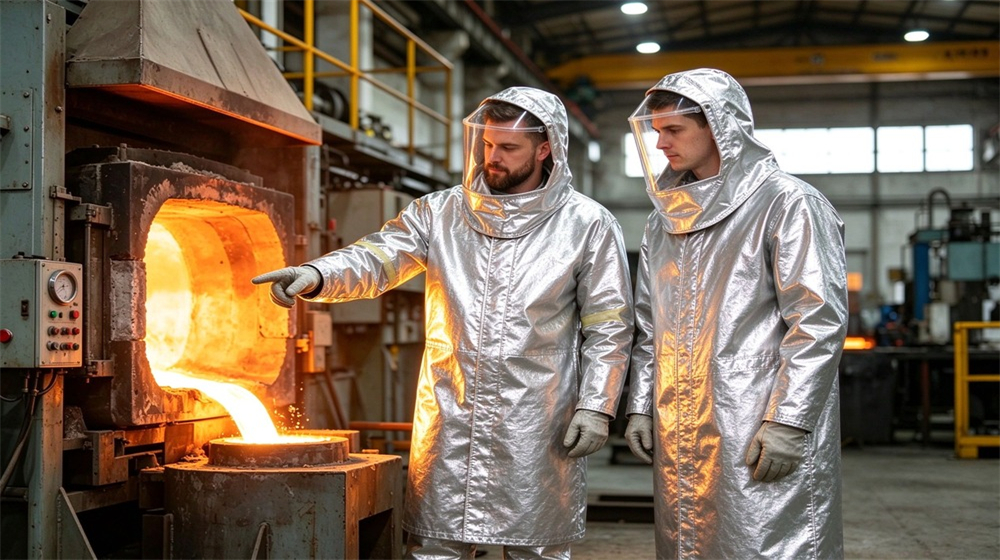 Close up detail of heavy duty protective proximity fire protection coat, Two workers in proximity fire protective coats checking furnace equipment, reflective aluminum, demonstrating professional application use in industrial safety environment, designed for wholesale bulk supply and industrial safety procurement.