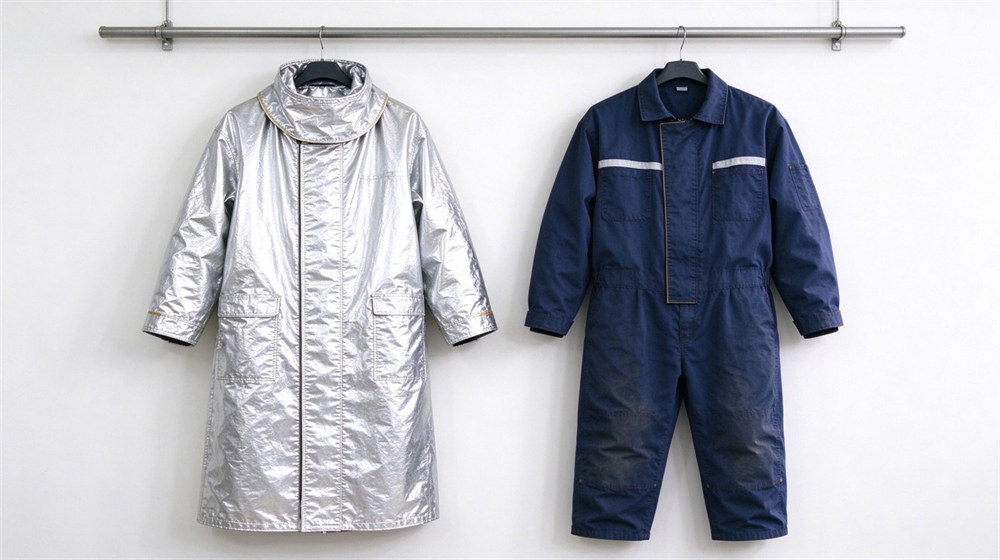 45 degree angle of heavy duty protective proximity fire protection coat, Proximity fire coat hanging beside dark blue workwear on rack, comparing long, demonstrating professional comparison use in industrial safety environment, designed for wholesale bulk supply and industrial safety procurement.