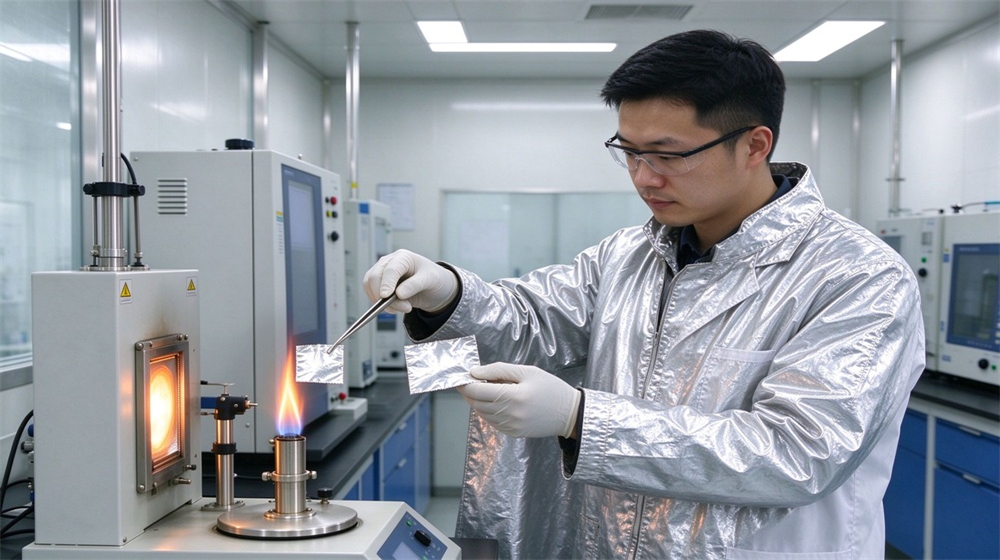 Wide shot of heavy duty protective proximity fire protection coat, Asian technician testing aluminized fabric sample of proximity fire coat in laboratory,, demonstrating professional info use in industrial safety environment, designed for wholesale bulk supply and industrial safety procurement.