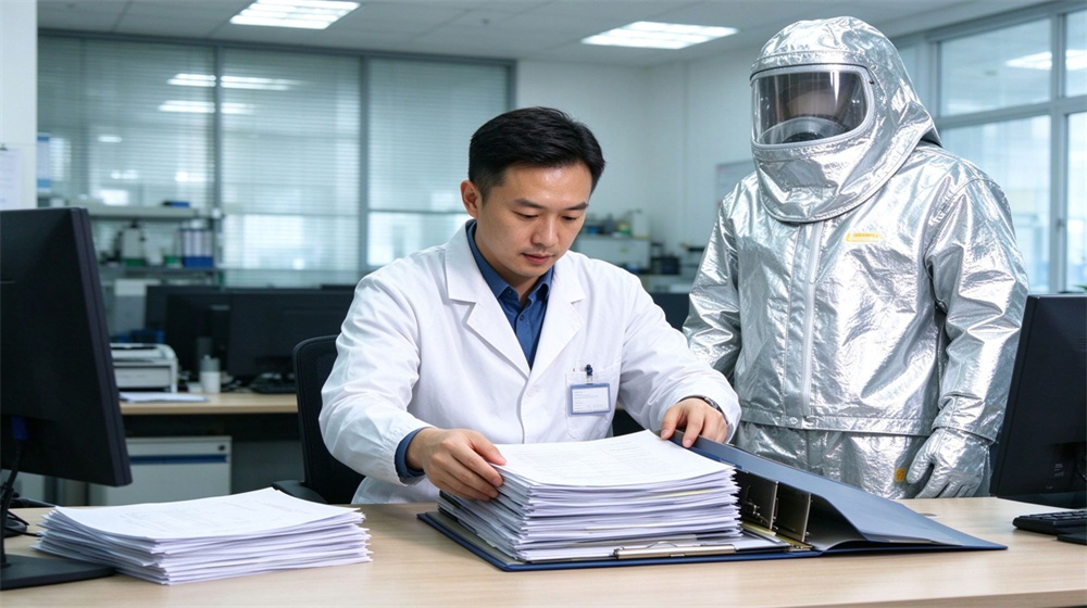 Macro detail of heavy duty protective proximity fire protection coat, Quality document review of proximity fire coat batch reports in factory office,, demonstrating professional application use in industrial safety environment, designed for wholesale bulk supply and industrial safety procurement.