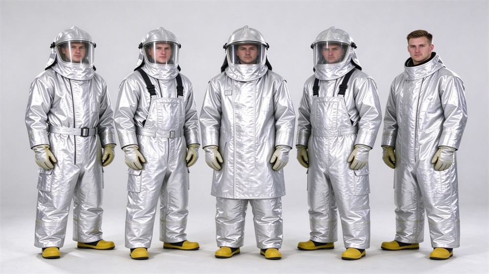 Front view of heavy duty protective proximity fire protection coat, Wholesale lineup of five protective garments with proximity fire coat center, aluminized, demonstrating professional product use in industrial safety environment, designed for wholesale bulk supply and industrial safety procurement.