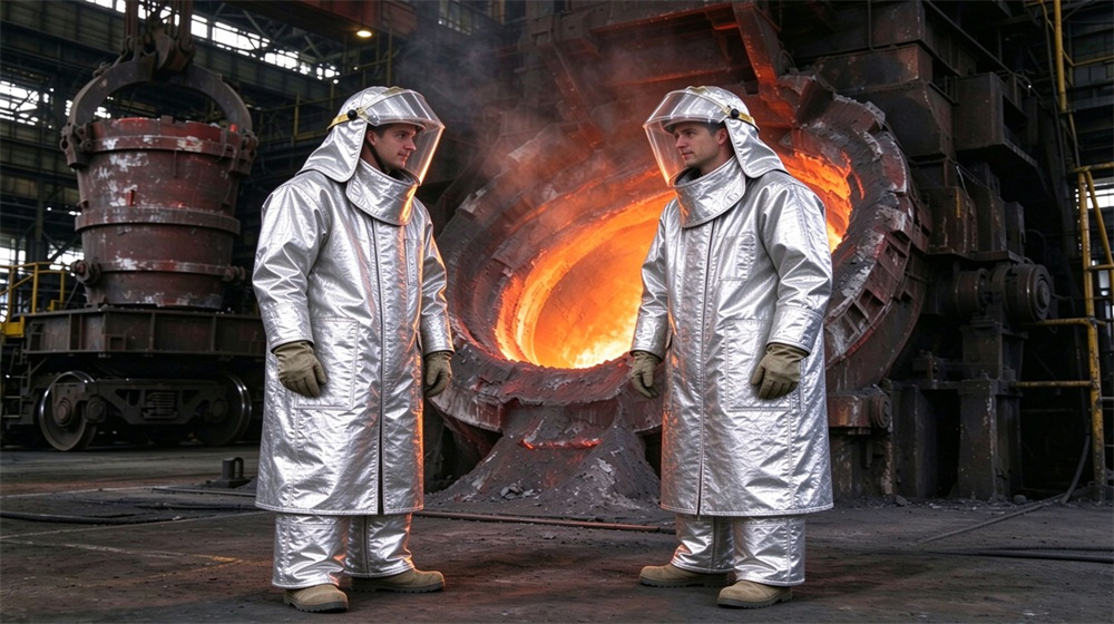 Side angle of heavy duty protective proximity fire protection coat, Two workers in proximity fire protective coats inspecting steel furnace, radiant heat, demonstrating professional application use in industrial safety environment, designed for wholesale bulk supply and industrial safety procurement.