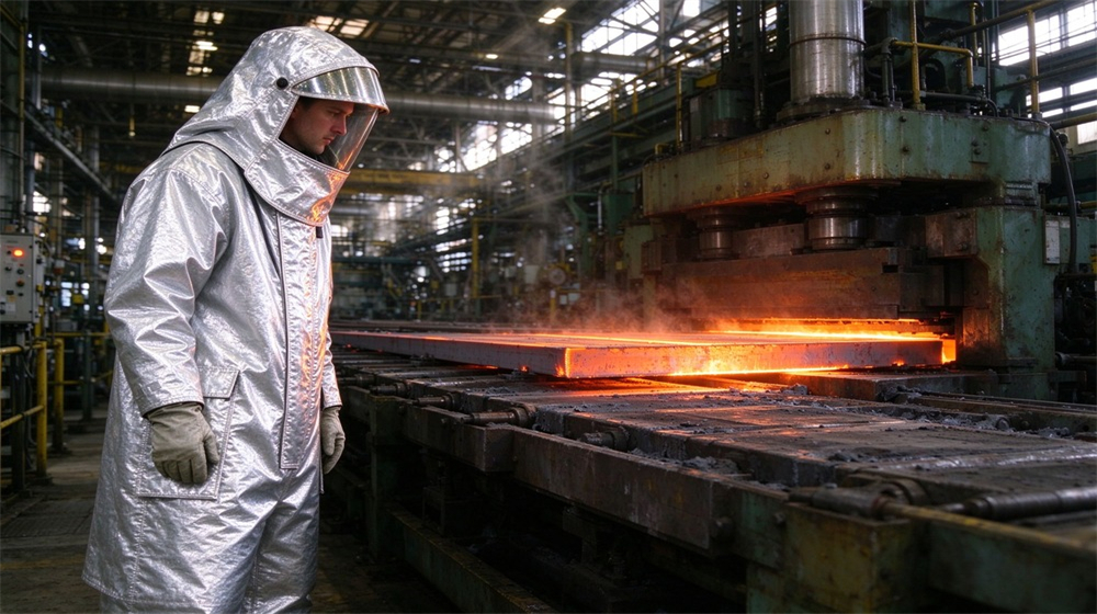 Aerial perspective of heavy duty protective proximity fire protection coat, Worker in proximity fire protective coat observing hot rolling line in steel, demonstrating professional application use in industrial safety environment, designed for wholesale bulk supply and industrial safety procurement.