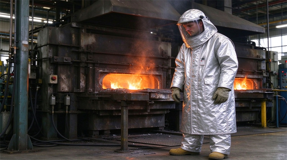 Close up detail of heavy duty protective proximity fire protection coat, Worker in proximity fire protective coat beside aluminum smelting furnace, radiant heat, demonstrating professional application use in industrial safety environment, designed for wholesale bulk supply and industrial safety procurement.