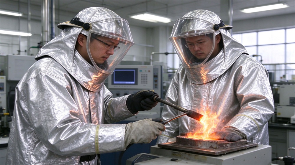 45 degree angle of heavy duty protective proximity fire protection coat, High temperature test of proximity fire coat fabric in laboratory, heat resistant, demonstrating professional info use in industrial safety environment, designed for wholesale bulk supply and industrial safety procurement.