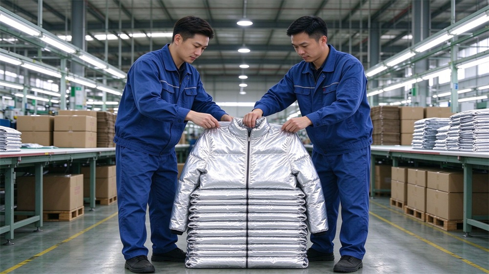 Overhead view of heavy duty protective proximity fire protection coat, Workshop workers sorting folded proximity fire coats for export orders, quality control, demonstrating professional application use in industrial safety environment, designed for wholesale bulk supply and industrial safety procurement.