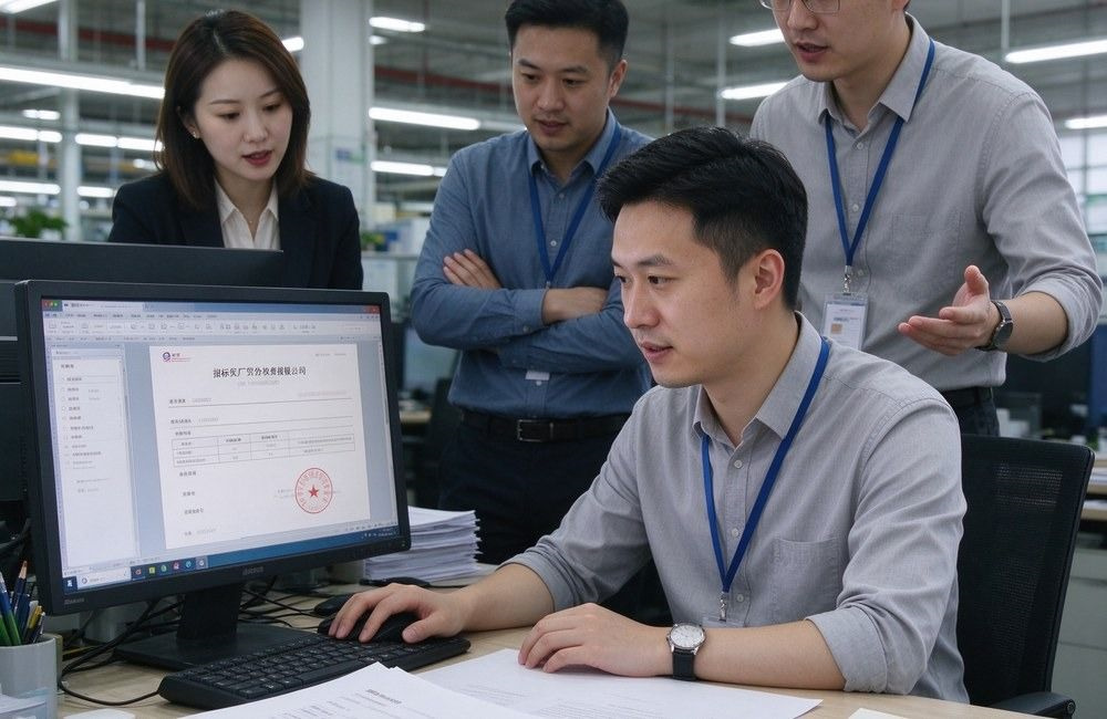 Asian export sales staff review a tender notice on screen with bid documents and blanket colour swatches on the desk while a colleague discusses the requirement