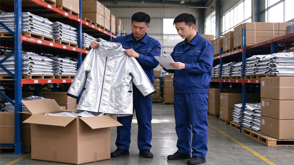 Wide shot of heavy duty protective proximity fire protection coat, Warehouse inventory check of packed proximity fire coats on shelves, export stock, demonstrating professional application use in industrial safety environment, designed for wholesale bulk supply and industrial safety procurement.