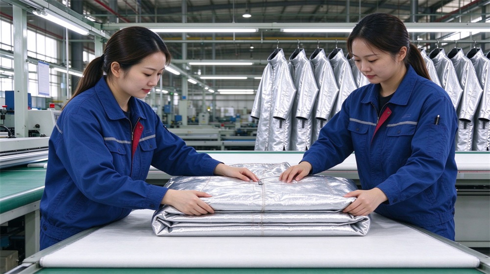Macro detail of heavy duty protective proximity fire protection coat, Workers folding and packing proximity fire coats in factory finishing area, export, demonstrating professional application use in industrial safety environment, designed for wholesale bulk supply and industrial safety procurement.