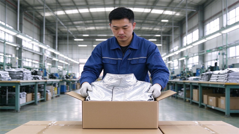 Front view of heavy duty protective proximity fire protection coat, Worker packing proximity fire coat into carton for export shipment, order fulfillment, demonstrating professional application use in industrial safety environment, designed for wholesale bulk supply and industrial safety procurement.