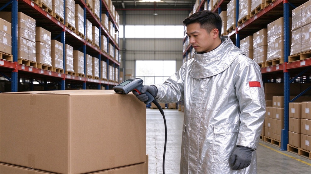 Side angle of heavy duty protective proximity fire protection coat, Warehouse worker scanning barcode of proximity fire coat cartons for shipment tracking,, demonstrating professional application use in industrial safety environment, designed for wholesale bulk supply and industrial safety procurement.
