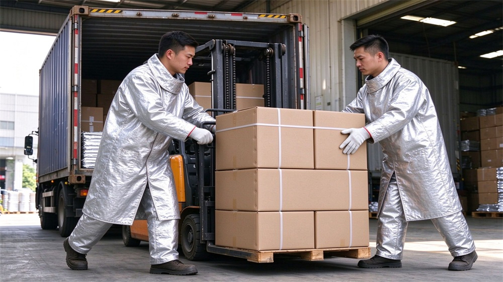 Aerial perspective of heavy duty protective proximity fire protection coat, Loading proximity fire coat cartons onto export truck for shipping, freight preparation, demonstrating professional application use in industrial safety environment, designed for wholesale bulk supply and industrial safety procurement.