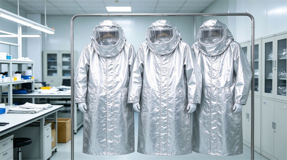 Close up detail of heavy duty protective proximity fire protection coat, Three proximity fire coats airing on rack after factory finishing, long aluminum, demonstrating professional application use in industrial safety environment, designed for wholesale bulk supply and industrial safety procurement.