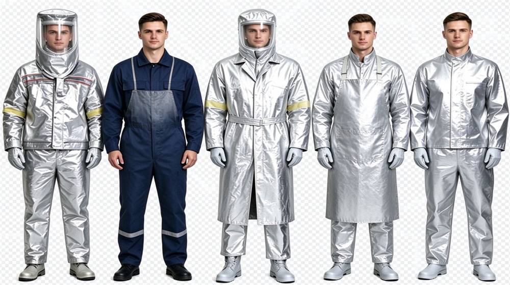 45 degree angle of heavy duty protective proximity fire protection coat, Family lineup of five protective garment styles with proximity fire coat, complete, demonstrating professional comparison use in industrial safety environment, designed for wholesale bulk supply and industrial safety procurement.